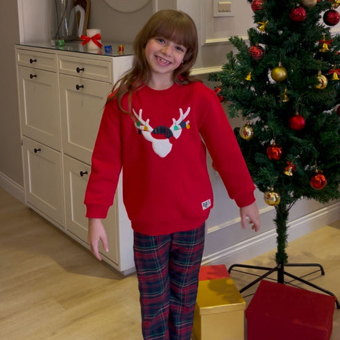 Girls Winter pajama set Red deer Hoodie + Dark Blue x Red Checkered Pants